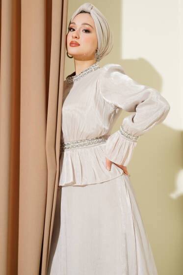 Şerit Taş Süslemeli Abiye Elbise Taş - Elbise