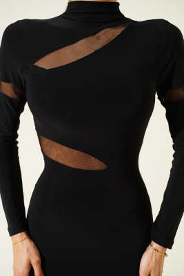 Şerit Transparan Detaylı Midi Elbise Siyah - Kadın Giyim Modelleri