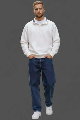 Şerit Yakalı Çıtçıtlı Erkek Sweatshirt Beyaz - Erkek Sweatshirt