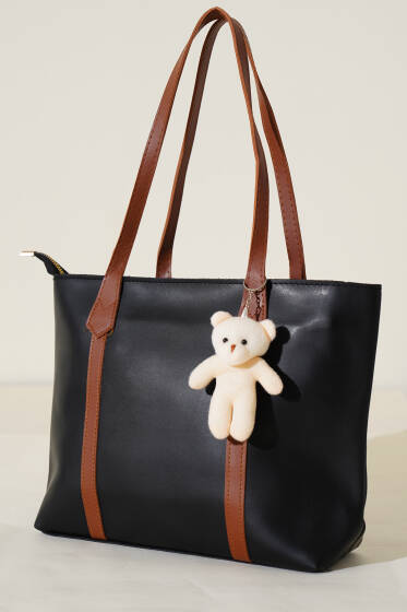 Şeritli Ayıcık Aksesuarlı Omuz Çantası Siyah Taba - Kol Çantası