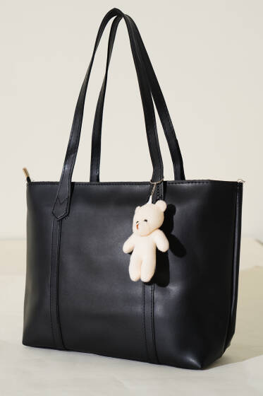 Şeritli Ayıcık Aksesuarlı Omuz Çantası Siyah - Kol Çantası