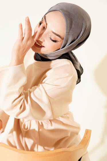 Şeritli Bambu Kraş Eşarp Antrasit - Başörtüsü