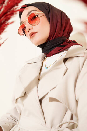  Şeritli Bambu Kraş Eşarp Bordo - Başörtüsü