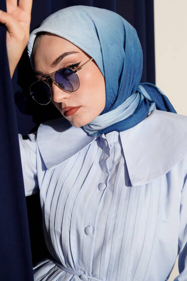  Şeritli Bambu Kraş Eşarp İndigo - Başörtüsü