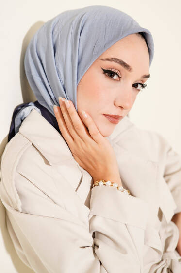  Şeritli Bambu Kraş Eşarp Lacivert - Başörtüsü