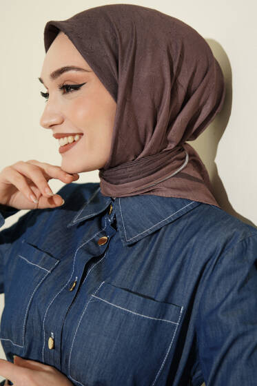  Şeritli Bambu Kraş Eşarp Sütlü Kahve - Başörtüsü