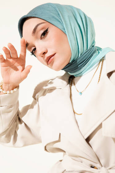  Şeritli Bambu Kraş Eşarp Turkuaz - Başörtüsü