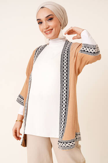 Şeritli Gofre Kimono Camel - Kimono