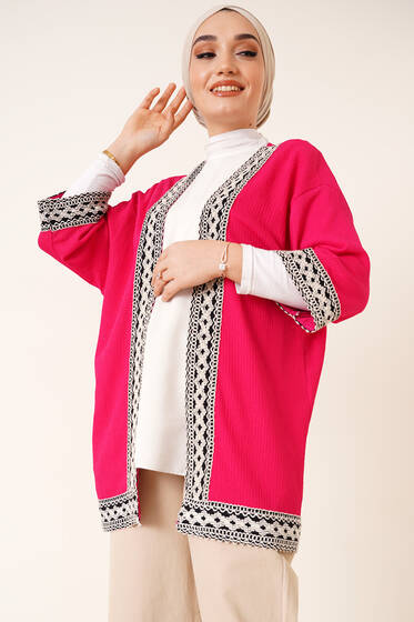 Şeritli Gofre Kimono Fuşya - Kimono