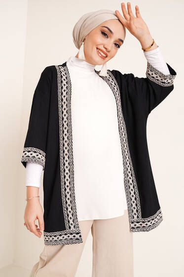 Şeritli Gofre Kimono Siyah - Kimono