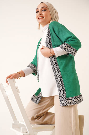 Şeritli Gofre Kimono Yeşil - Kimono