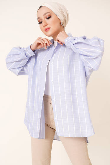 Şeritli Salaş Gömlek Mavi - Gömlek