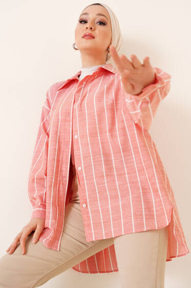 Şeritli Salaş Gömlek Nar Çiçeği - Gömlek