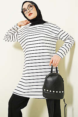 Şeritli Tunik Beyaz - ELFİDA TEKSTİL