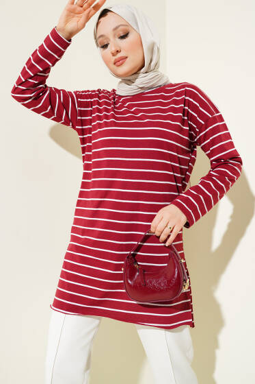 Şeritli Tunik Bordo - Tunik