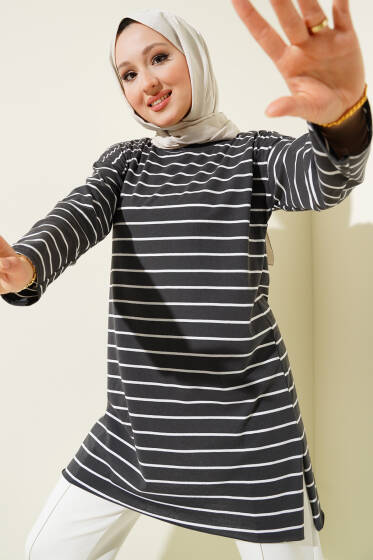 Şeritli Tunik Füme - Tunik