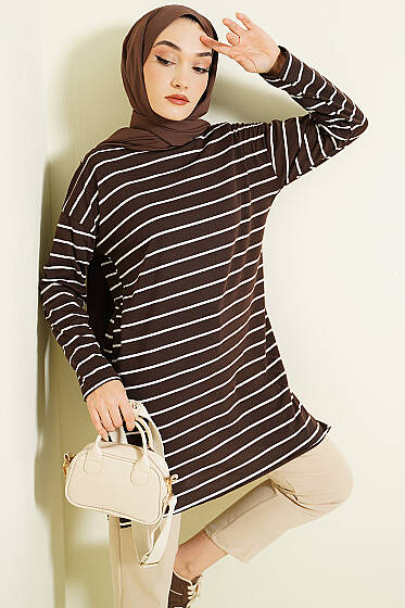Şeritli Tunik Kahve - Tunik