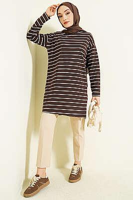 Şeritli Tunik Kahve - Tunik