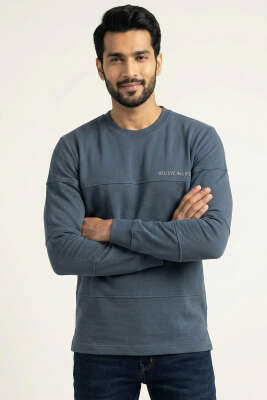 Şeritli Yaka Yazılı Erkek Sweatshirt Petrol - DEEP POİNT