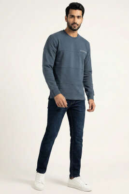 Şeritli Yaka Yazılı Erkek Sweatshirt Petrol - Erkek Sweatshirt