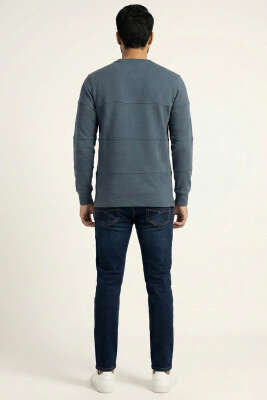 Şeritli Yaka Yazılı Erkek Sweatshirt Petrol - Erkek Sweatshirt