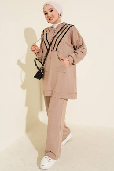 Şeritli Yarım Fermuarlı Loyşa İkili Takım Bej - İkili Takım