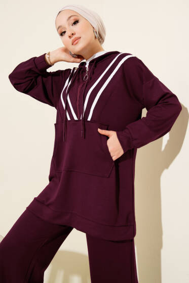 Şeritli Yarım Fermuarlı Loyşa İkili Takım Bordo - İkili Takım