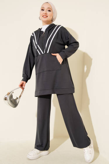 Şeritli Yarım Fermuarlı Loyşa İkili Takım Füme - İkili Takım