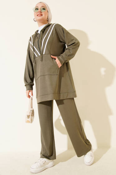 Şeritli Yarım Fermuarlı Loyşa İkili Takım Haki - İkili Takım