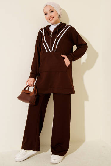 Şeritli Yarım Fermuarlı Loyşa İkili Takım Kahve - İkili Takım