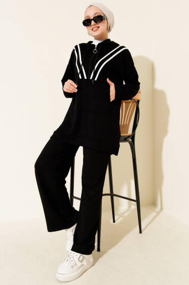 Şeritli Yarım Fermuarlı Loyşa İkili Takım Siyah - İkili Takım