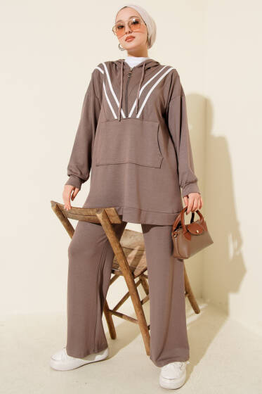 Şeritli Yarım Fermuarlı Loyşa İkili Takım Vizon - İkili Takım