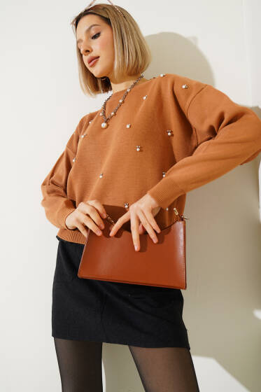 Serpme İncili Kısa Triko Kazak Bisküvi - Yeni Giyim