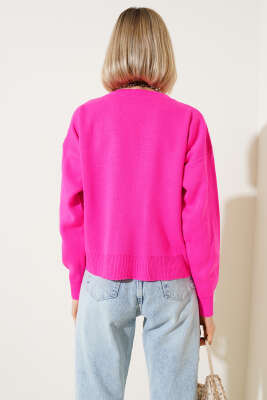 Serpme İncili Kısa Triko Kazak Fuşya - Kadın Giyim Modelleri