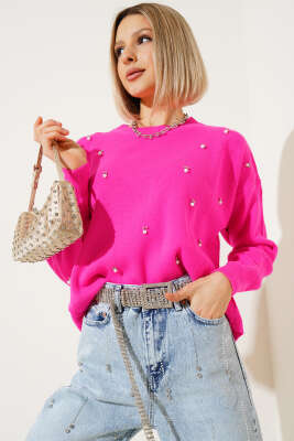 Serpme İncili Kısa Triko Kazak Fuşya - Kadın Giyim Modelleri