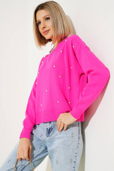 Serpme İncili Kısa Triko Kazak Fuşya - Yeni Giyim