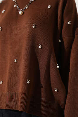 Serpme İncili Kısa Triko Kazak Kahve - Kadın Giyim Modelleri