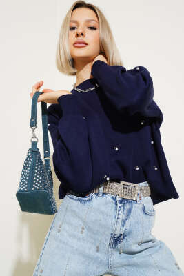 Serpme İncili Kısa Triko Kazak Lacivert - Kadın Giyim Modelleri