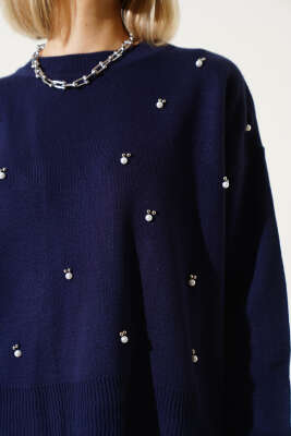 Serpme İncili Kısa Triko Kazak Lacivert - Kadın Giyim Modelleri