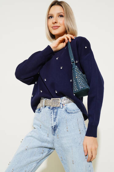 Serpme İncili Kısa Triko Kazak Lacivert - Yeni Giyim