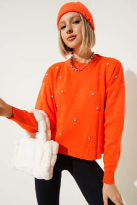 Serpme İncili Kısa Triko Kazak Oranj - Kadın Giyim Modelleri