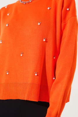 Serpme İncili Kısa Triko Kazak Oranj - Kadın Giyim Modelleri