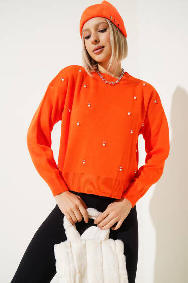 Serpme İncili Kısa Triko Kazak Oranj - Yeni Giyim