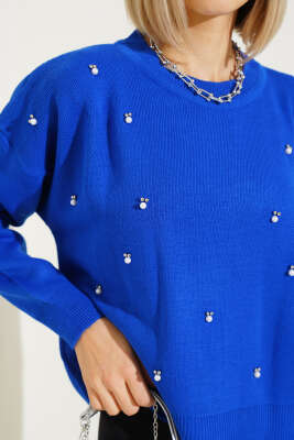 Serpme İncili Kısa Triko Kazak Saks - Kadın Giyim Modelleri