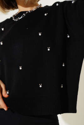 Serpme İncili Kısa Triko Kazak Siyah - Kadın Giyim Modelleri