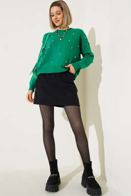 Serpme İncili Kısa Triko Kazak Yeşil - Kadın Giyim Modelleri