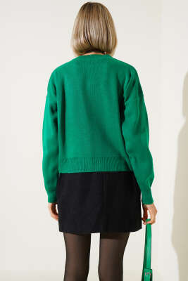 Serpme İncili Kısa Triko Kazak Yeşil - Kadın Giyim Modelleri