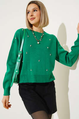 Serpme İncili Kısa Triko Kazak Yeşil - Kadın Giyim Modelleri