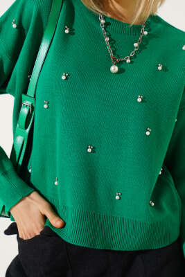 Serpme İncili Kısa Triko Kazak Yeşil - Kadın Giyim Modelleri