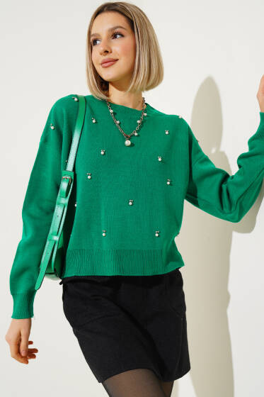 Serpme İncili Kısa Triko Kazak Yeşil - Yeni Giyim